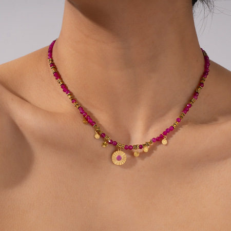 Collier pendentif femme en acier inoxydable doré, pierre naturelle rose, style rétro cercle, collection Intricate Series (1 pièce) 2