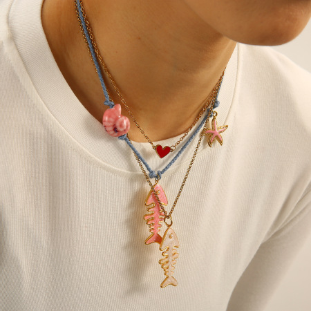 Colliers pendentifs pour femmes en corde de coton à motif arête de poisson, acier inoxydable, couleur or, étanches