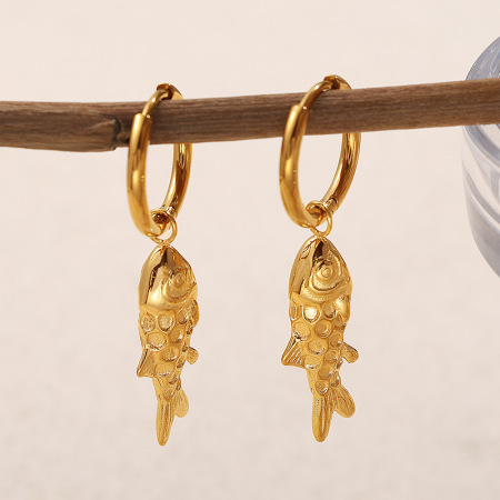 Boucles d'oreilles pendantes rétro en acier inoxydable, couleur or, étanches, motif poisson