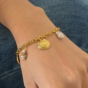 Bracelet À Breloques Pour Femme, En Acier Inoxydable Étanche Couleur Or, Motif Coquillage (1 Pièce). h5 Image2