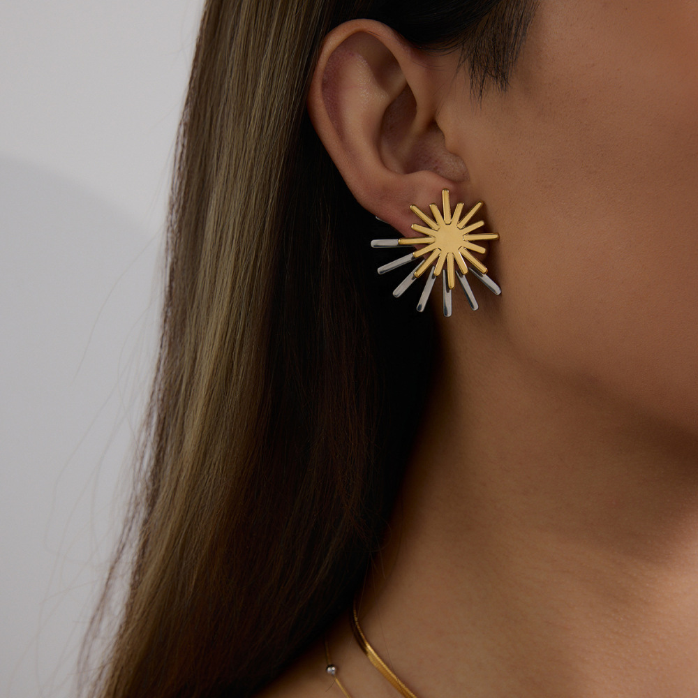 Boucles D'Oreilles Puces Pour Femmes Sun En Acier Inoxydable Étanche Couleur Or Image4