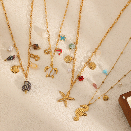 Colliers avec pendentifs en acier inoxydable couleur or Ins Style Oceanic