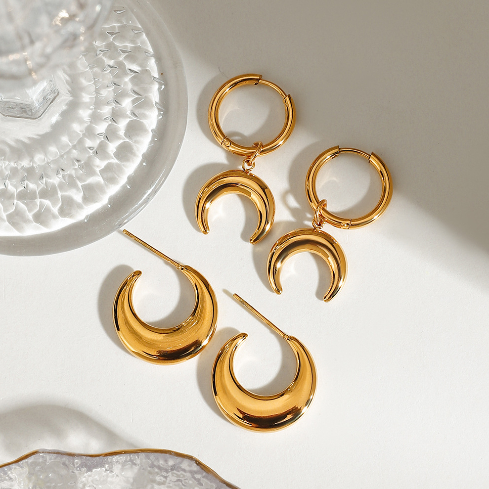 Boucles D'Oreilles Pendantes Moon En Acier Inoxydable Étanche, Couleur Or, Pour Femmes Image3