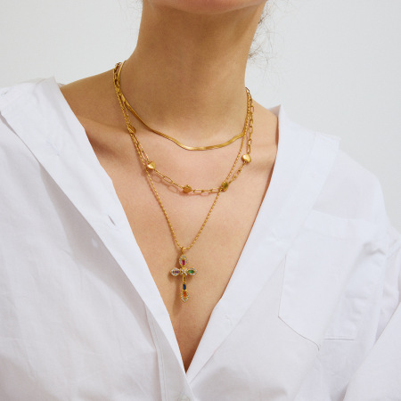 Collier pendentif femme rétro en forme de croix, en acier inoxydable étanche, couleur or (1 pièce) 2