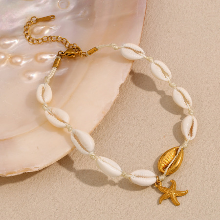 Bracelet de cheville pour femme, série Simple Vacation Turtle, en acier inoxydable, couleur or, coquillage