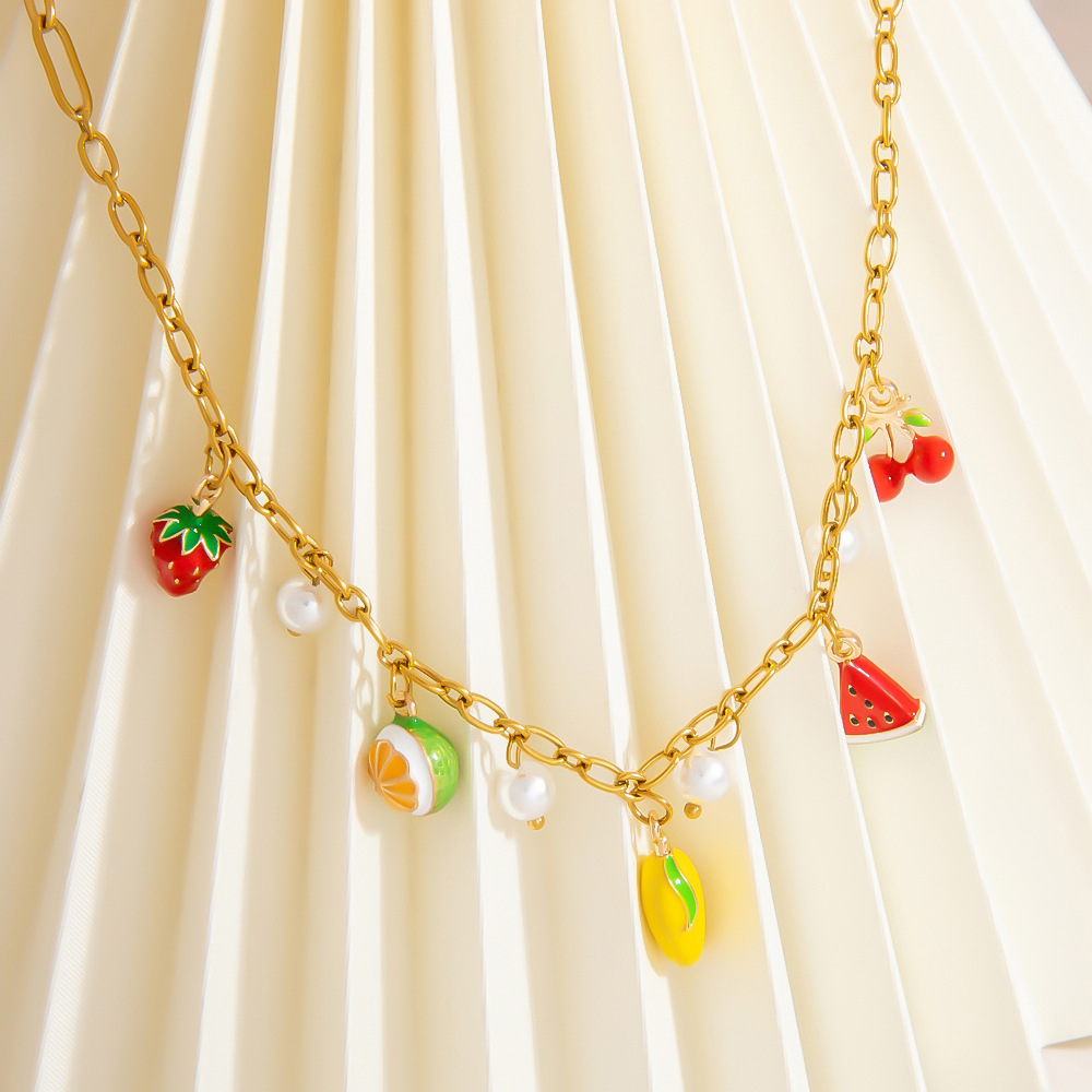 Colliers Pour Femmes En Acier Inoxydable Doré Étanche, Collection Cute Fruit Series Image3