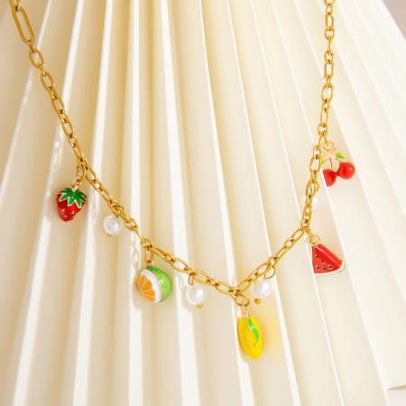 Colliers pour femmes en acier inoxydable doré étanche, collection Cute Fruit Series 2