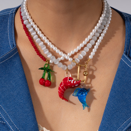 Collier de perles pour femme, collection Vivid Series Vacation, en verre, acier inoxydable, couleur or, avec fermoir homard. 2