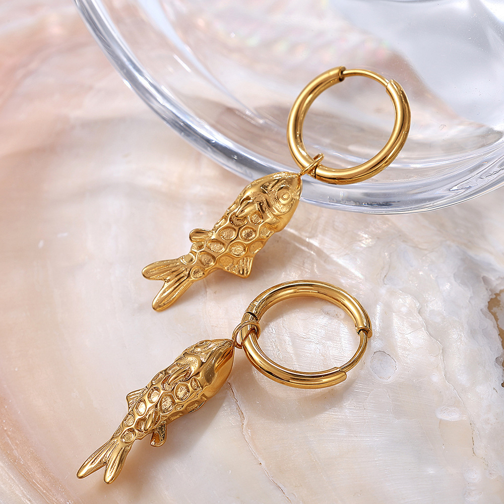 Boucles D'Oreilles Pendantes Rétro En Acier Inoxydable, Couleur Or, Étanches, Motif Poisson Image3
