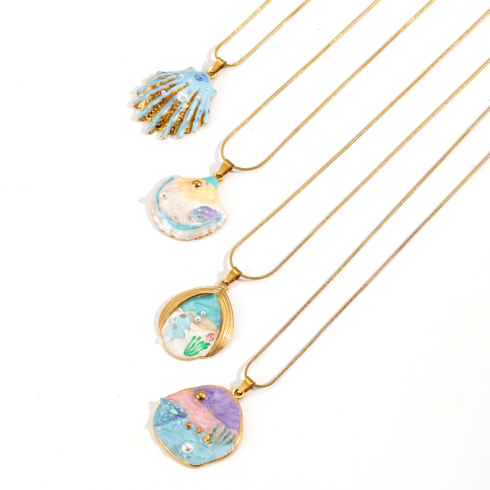 Colliers À Pendentif Pour Femme En Forme De Coquillage Émaillé Avec Taches D'Huile De La Série Ocean Image3