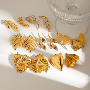 Boucles D'Oreilles Puces Rétro En Acier Inoxydable, Étanches, En Forme De Feuilles, Couleur Or, Pour Femmes h5 Image4