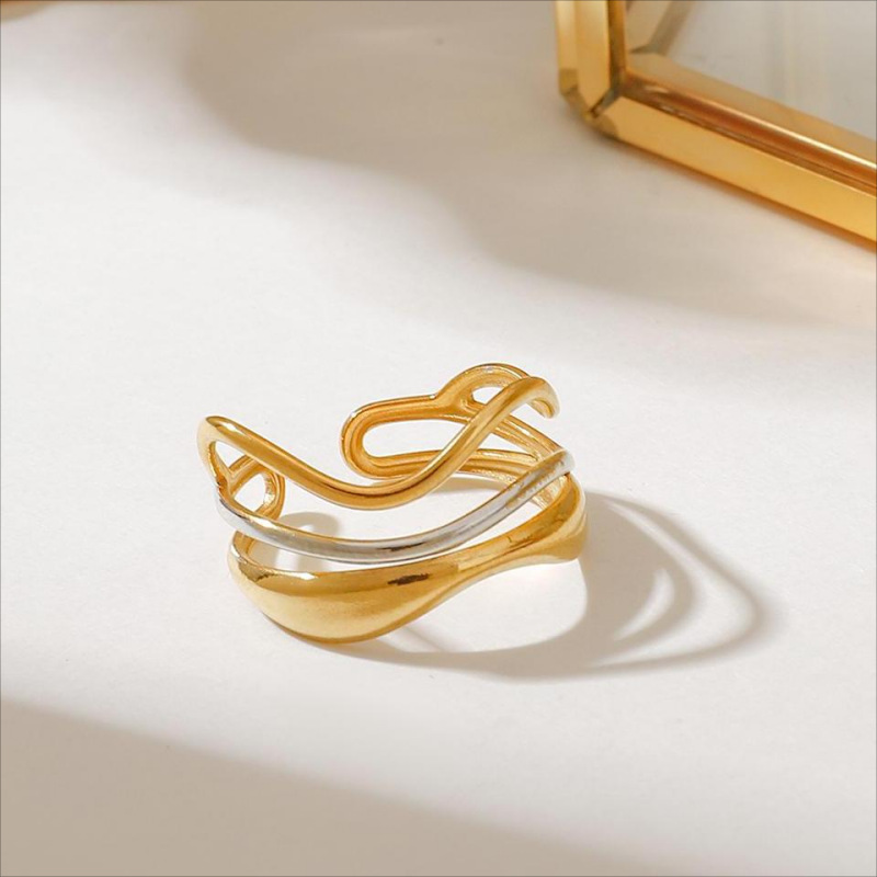 Bague Ajustable Pour Femme, En Acier Inoxydable Doré, Étanche, Multicouche, À Effet Ondulé. Image4