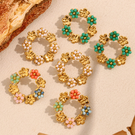 Boucles d'oreilles pour femmes en acier inoxydable étanches avec motif floral coloré et délicat