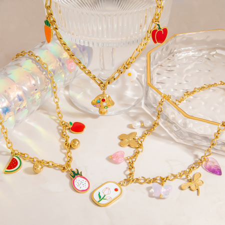 Colliers avec pendentif en acier inoxydable doré, couleur or, représentant de jolis fruits
