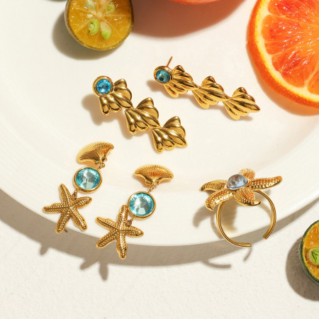 Boucles d'oreilles et bague pendantes en acier inoxydable doré, étanches, en forme d'étoile de mer