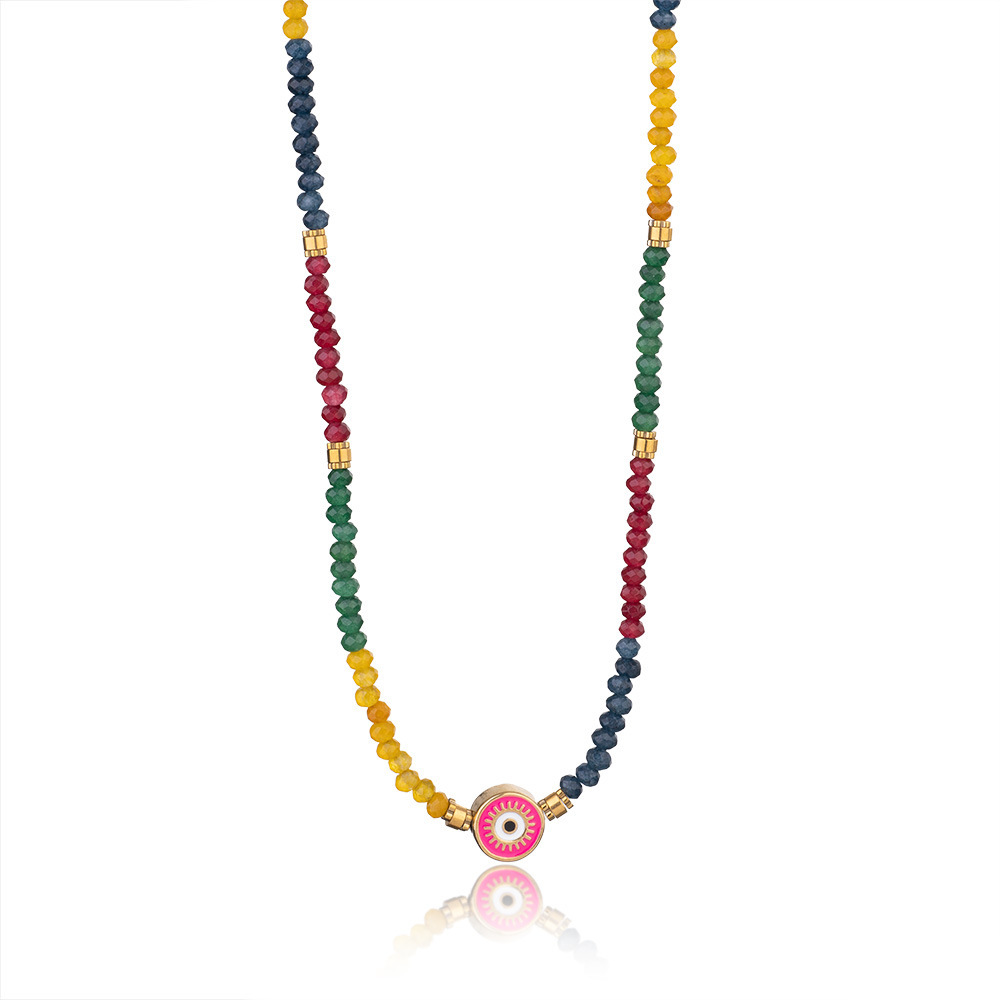 Collier Pour Femme En Acier Inoxydable Doré, Orné De Perles De Cristal Et D'Un Motif Œil Classique, Collection Ethnique (1 Pièce) Image6