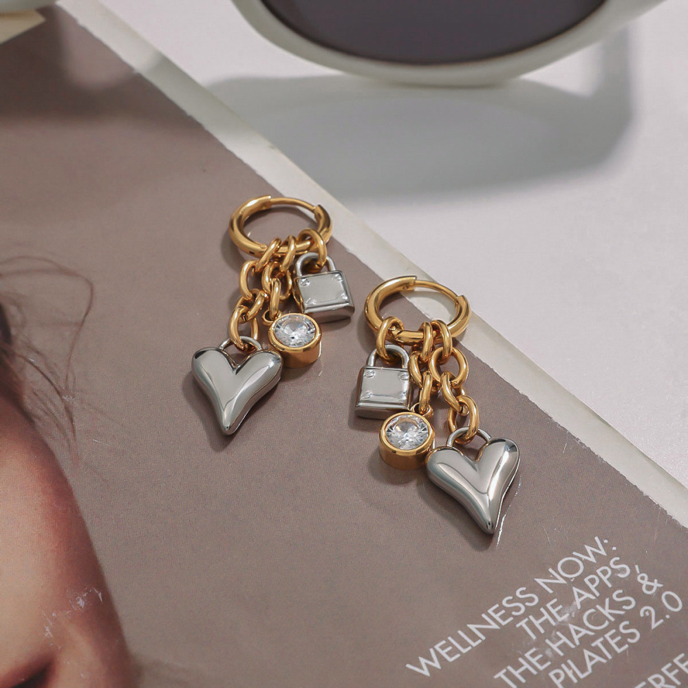 1 Paire De Boucles D'Oreilles Pendantes Pour Femme, Série Simple, , Cœur, Acier Inoxydable, Couleur Or, Strass Image4