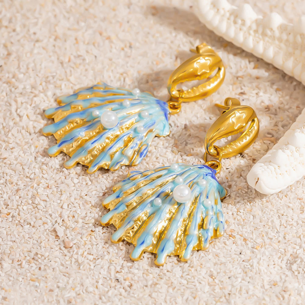 Boucles D'Oreilles Pendantes En Acier Inoxydable Étanche Couleur Or, En Forme De Coquillage Image7