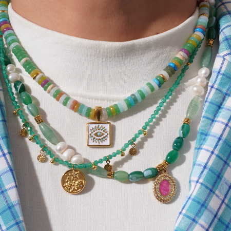 Collier de perles élégant pour femme, collection Sophistiquée, en acier inoxydable, couleur or, imperméable, avec cristal vert (1 pièce). 2
