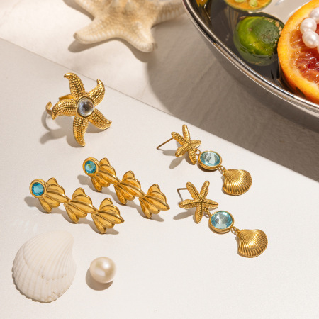 Boucles d'oreilles et bague pendantes en acier inoxydable doré, étanches, en forme d'étoile de mer 2