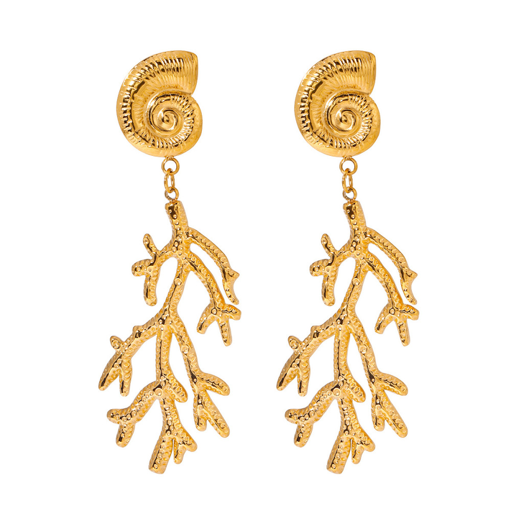 Boucles D'Oreilles Pendantes Rétro Corail En Acier Inoxydable Étanche Couleur Or 
