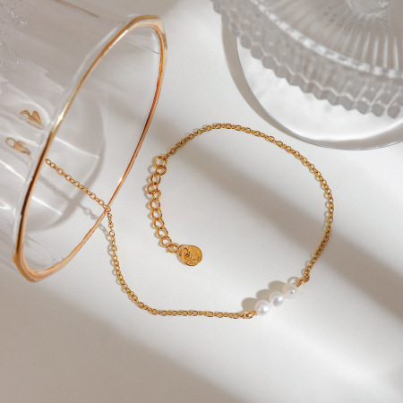 Bracelet de cheville pour femme en acier inoxydable, couleur or, orné de perles (1 pièce) 2