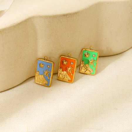 Pendentif rétro en acier inoxydable doré, étanche, motif soleil et cocotier, à monter soi-même (1 pièce).