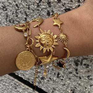 Bracelets À Breloques Rétro Soleil/Lune En Acier Inoxydable Étanche Couleur Or Pour Femmes h5 Image4