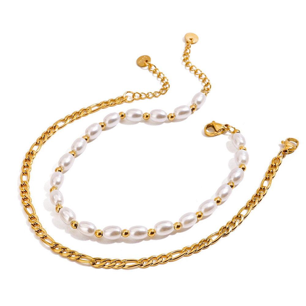Bracelet De Cheville Superposé Pour Femme, En Acier Inoxydable, Imperméable, Couleur Or, Orné De Perles (1 Pièce) Image5