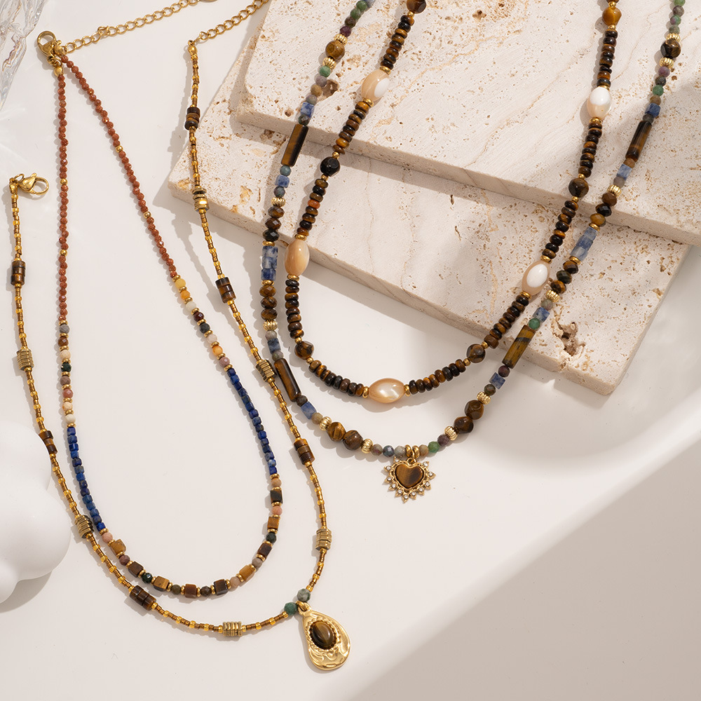 Collier De Perles Pour Femme, Style Bohème Classique, En Acier Inoxydable Imperméable, Orné De Pierres Naturelles Œil-De-Tigre (1 Pièce) h5Image6