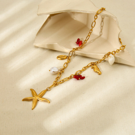Collier pendentif étanche en acier inoxydable, motif étoile de mer et coquillage, élément océan 2