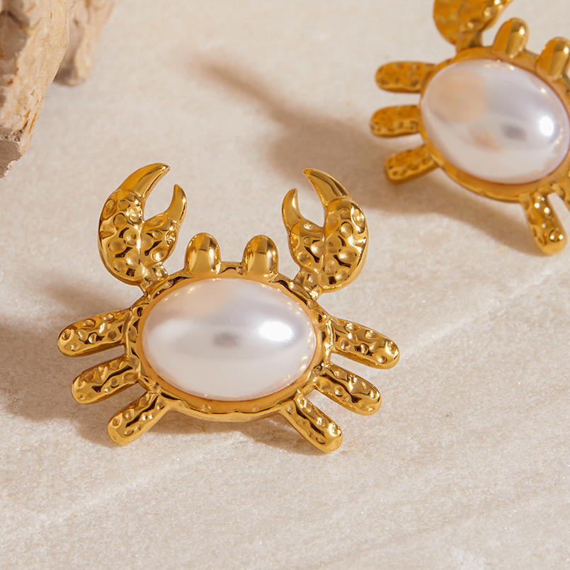 Boucles D'Oreilles Puces En Acier Inoxydable Imperméable Couleur Or, Motif Crabe Mignon Image5