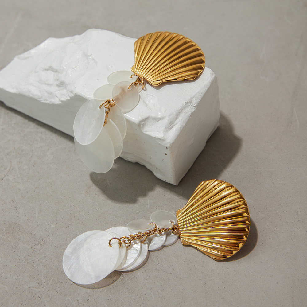 Boucles D'Oreilles Pendantes Élégantes En Coquillage, Acier Inoxydable Étanche, Couleur Or Image6