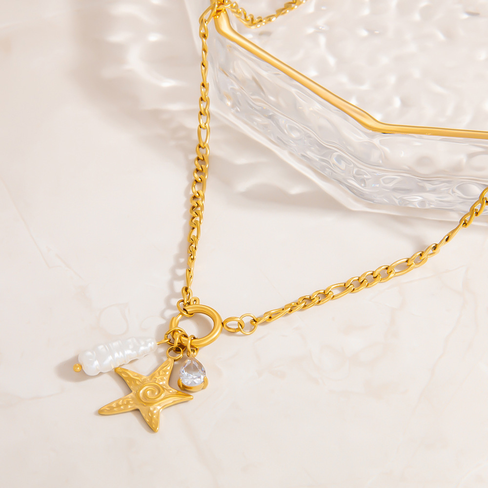 Collier Pendentif Femme 1 Pièce, Collection Vacances, Motif Océanique, En Acier Inoxydable Étanche, Couleur Or Image4