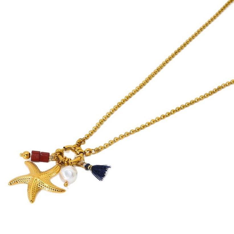 Collier À Pompon En Acier Inoxydable Doré Étanche, Collection Ocean Series, Avec Étoile De Mer, Pour Femme. Image5