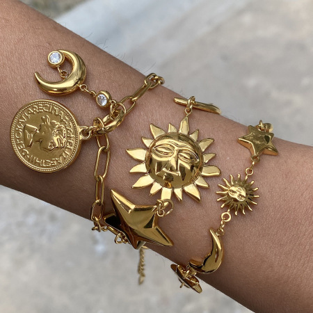 Bracelets à breloques rétro soleil/lune en acier inoxydable étanche couleur or pour femmes