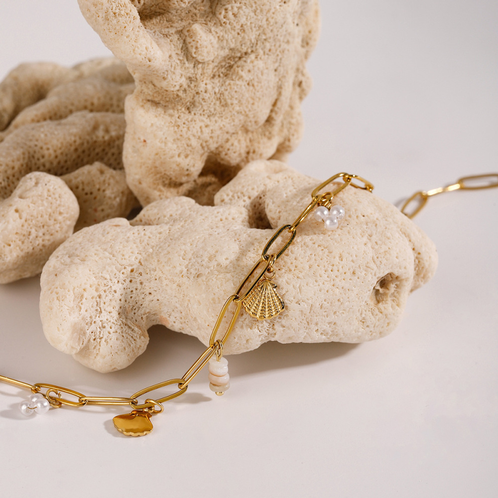 Collier Pendentif Coquillage Fileté En Acier Inoxydable Doré Étanche (1 Pièce) Image3