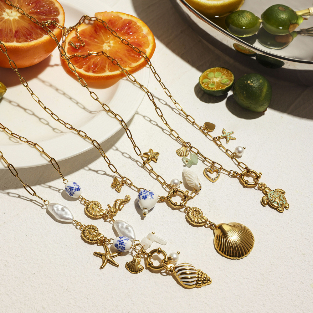 Colliers Avec Pendentifs En Acier Inoxydable Couleur Or Ins Style Oceanic Image3
