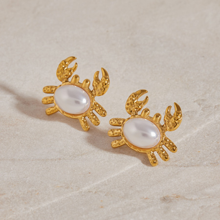 Boucles d'oreilles puces en acier inoxydable imperméable couleur or, motif crabe mignon 2