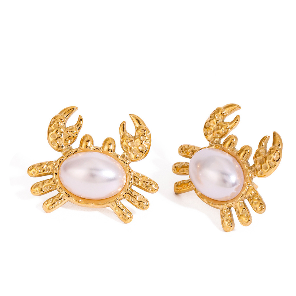 Boucles D'Oreilles Puces En Acier Inoxydable Imperméable Couleur Or, Motif Crabe Mignon 