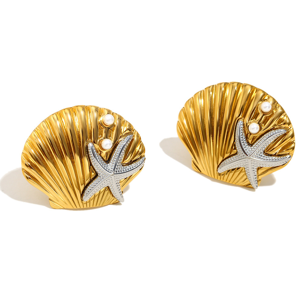 Boucles D'Oreilles Clous Étanches En Acier Inoxydable Et Coquillage Doré, Collection Océan (1 Pièce) 