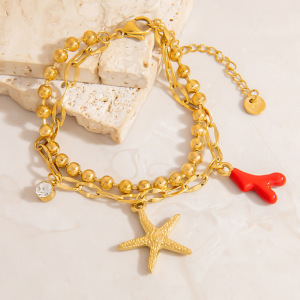 Bracelets De Perles Pour Femmes En Acier Inoxydable, Couleur Or, Motif Étoile De Mer De Vacances h5 Image4