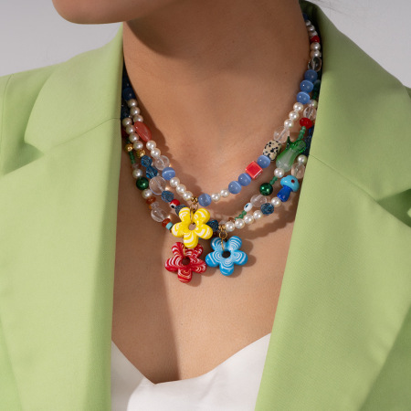 Collier de perles en verre pour femme, motif fleur de vacances, 1 pièce
