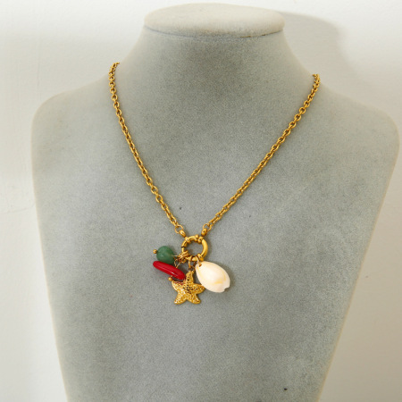 Collier Ocean Series en acier inoxydable doré étanche avec étoile de mer et pompon pour femme