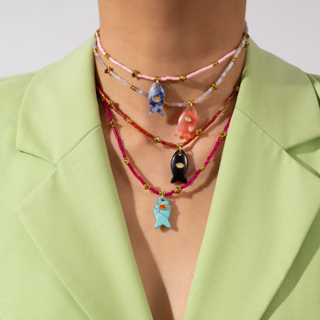 Collier de perles pour femme, collection Polychrome, motif poisson, en acier inoxydable, couleur or, étanche, avec pierres naturelles. 2
