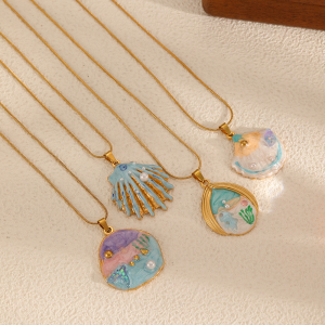 Colliers À Pendentif Pour Femme En Forme De Coquillage Émaillé Avec Taches D'Huile De La Série Ocean h5 Image2