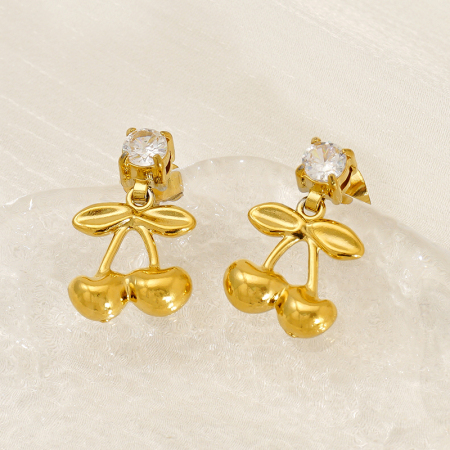 Boucles d'oreilles puces en acier inoxydable imperméable couleur or, cerise 2