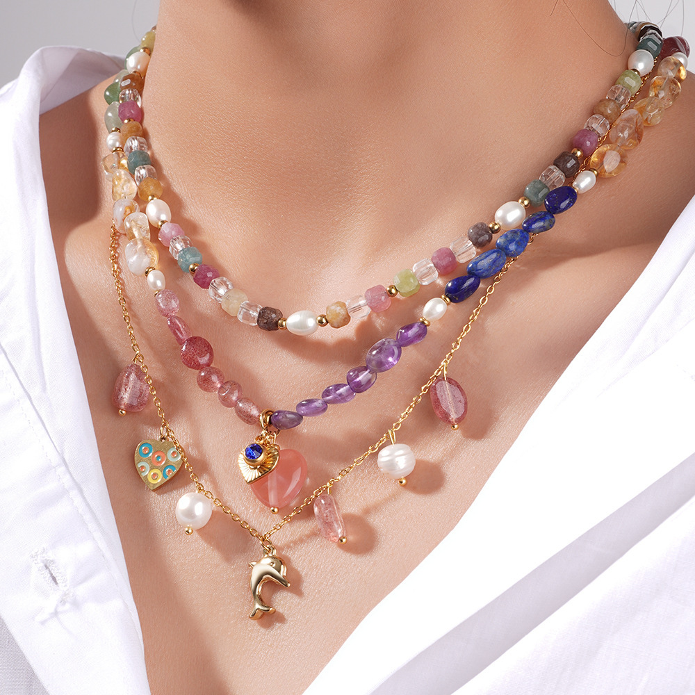 Collier Pendentif Femme Élégant En Forme De Cœur, En Acier Inoxydable Doré, Étanche, Avec Pierre Naturelle Transparente (1 Pièce) Image4