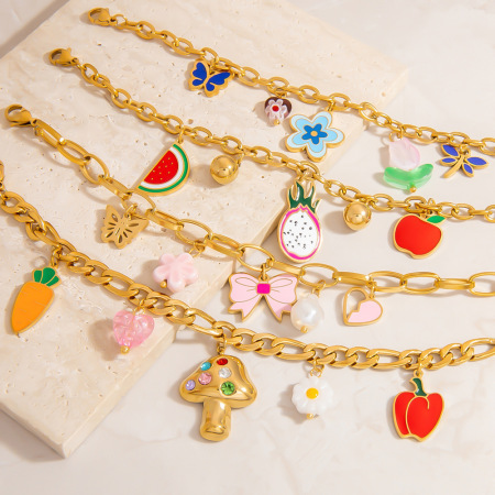 Bracelets à breloques colorés en acier inoxydable avec motifs de fruits pour femmes