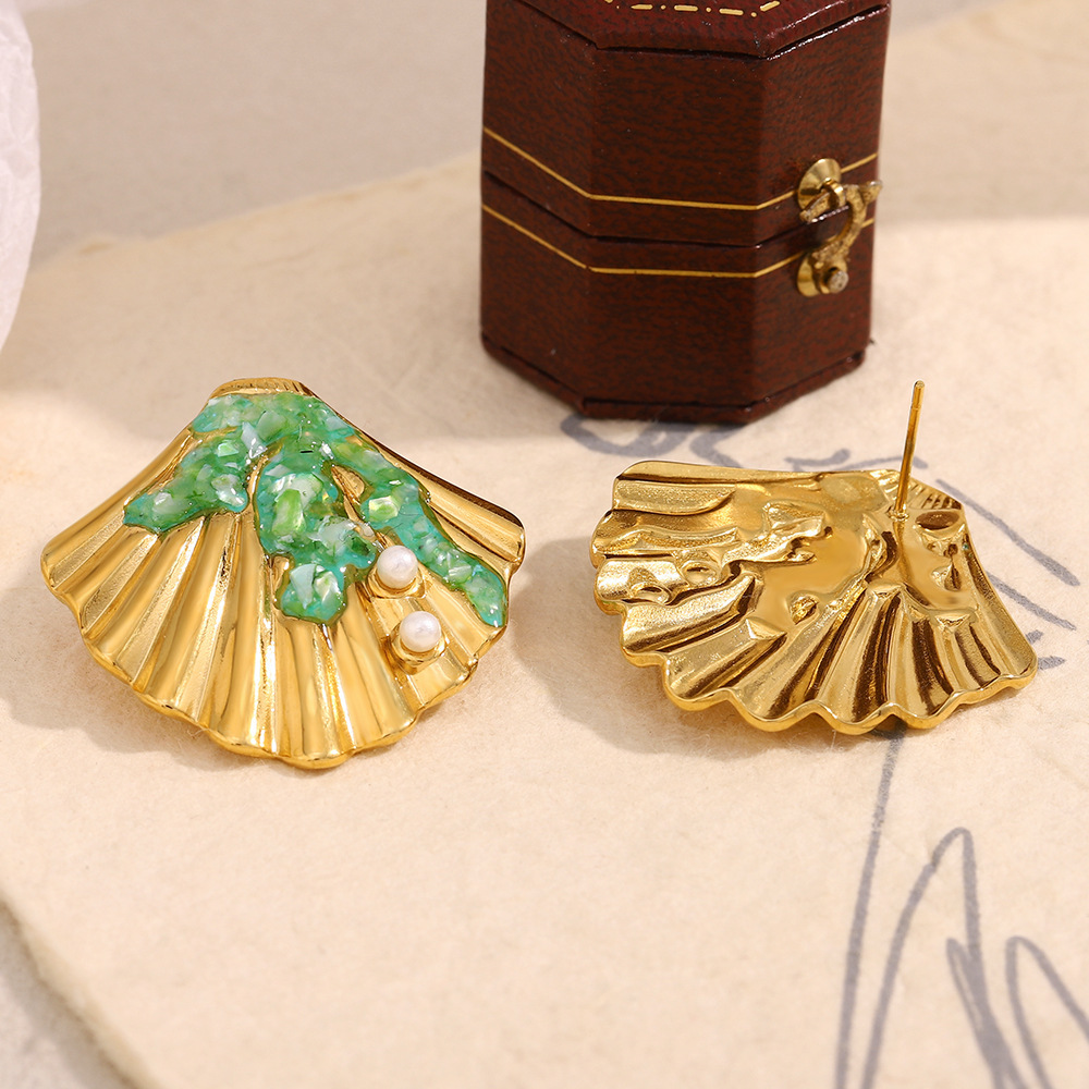 Boucles D'Oreilles Pour Femmes Ocean Collection En Acier Inoxydable Doré Et Coquillage, Étanches Image4